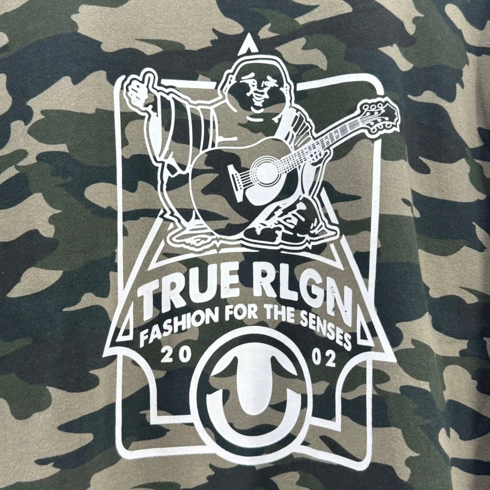 True Religion Mens Buddha Graphic Camo Crewneck Sweatshirt Green 105972 Size M